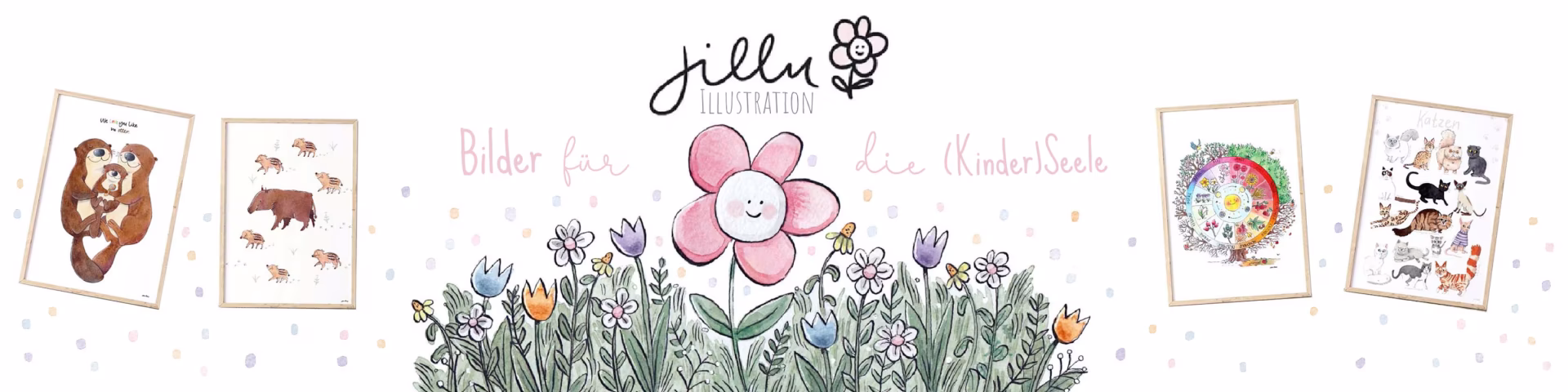 Jillu Illustration: Aquarell-Blumenwiese mit lächelnder Blume und dem Schriftzug Bilder für die (Kinder)Seele